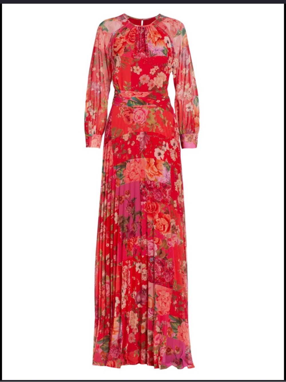Teri Jon Red Floral Long-Sleeve Pleated Maxi Dress